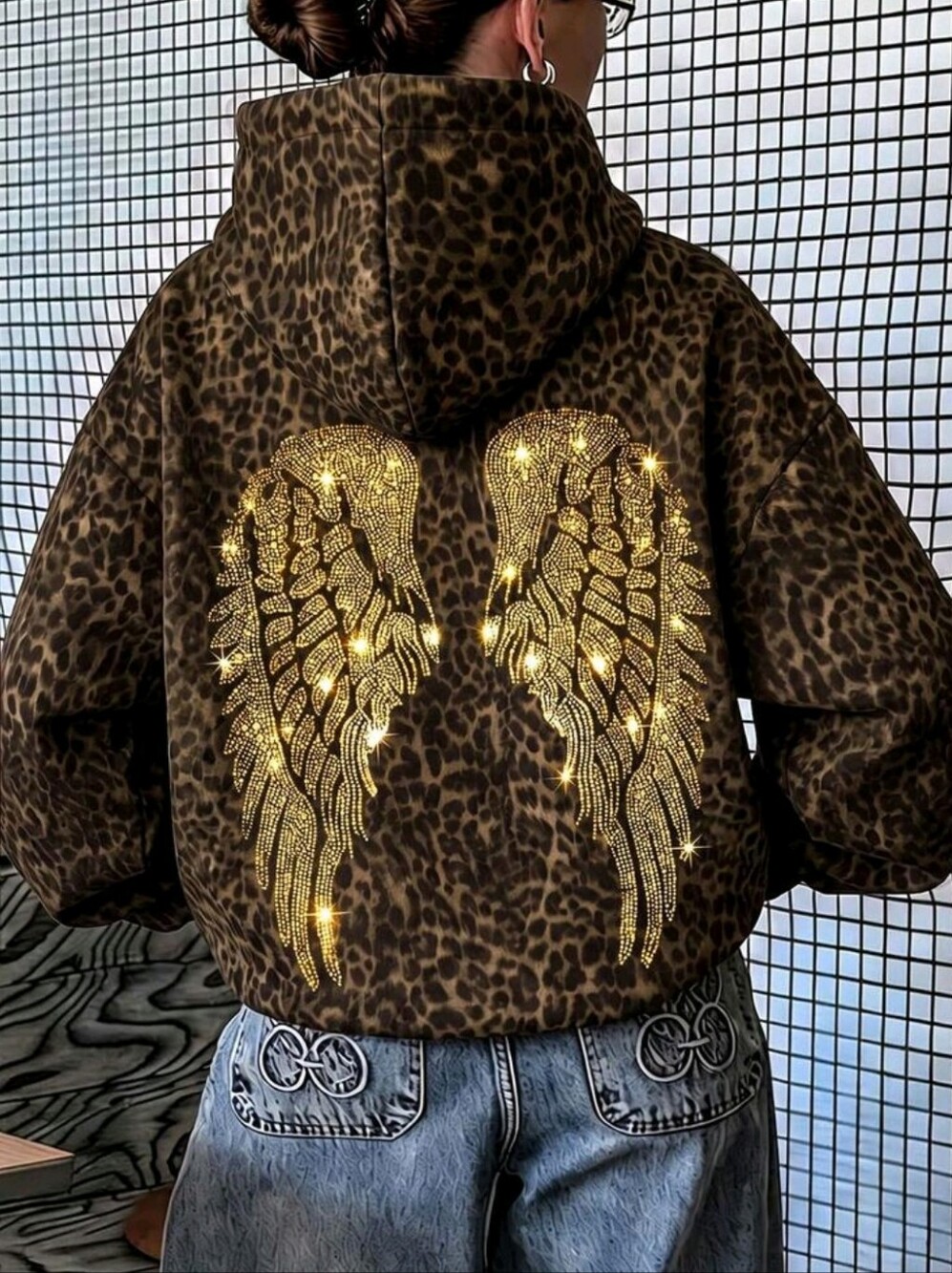 Women's Black Rhinestone Wing Sequin Hooded Sweatshirt, Cute Women's Autumn Back - Picture 2 of 5